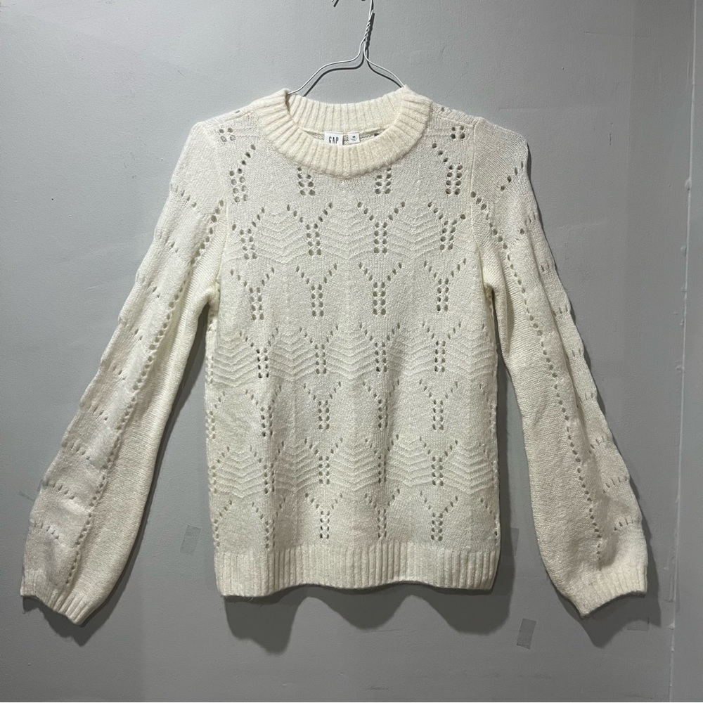 Gap Pointelle Crew Ivory Frost Cut Out‎ Sweater Size XS Balloon Sleeve Off White
